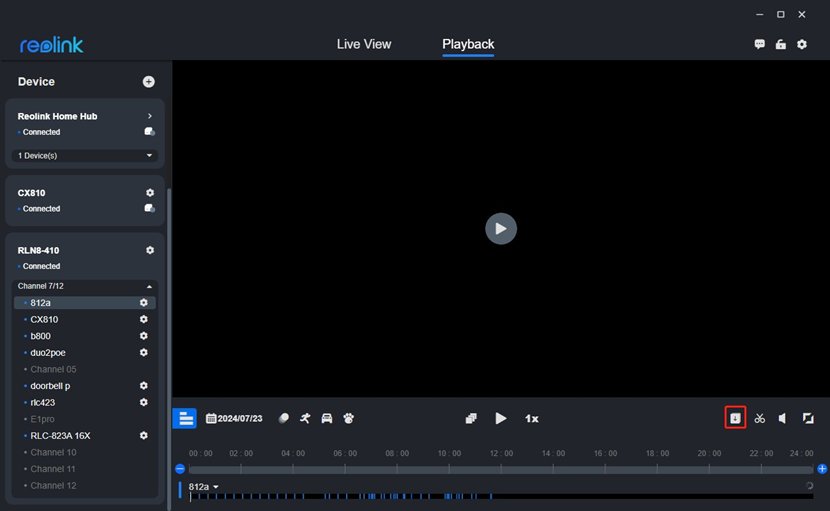 Reolink Client: Playback and the Download icon