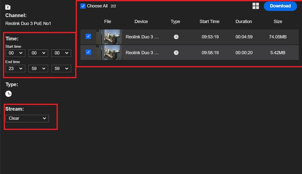 Reolink Client: search and select recordings