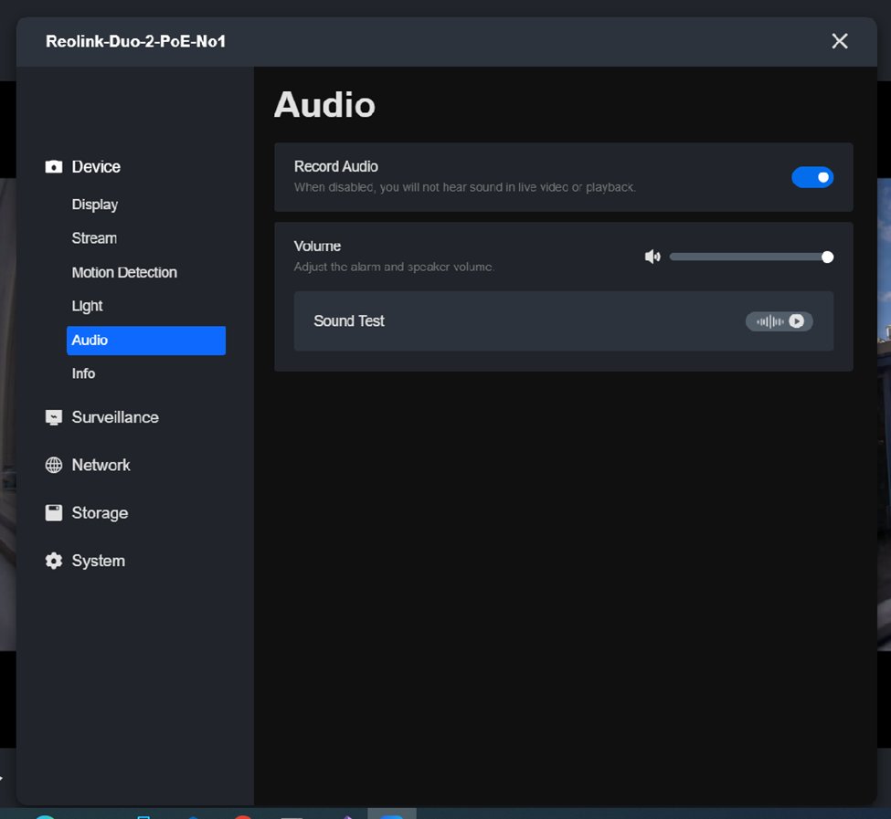Reolink Client: Device → Audio