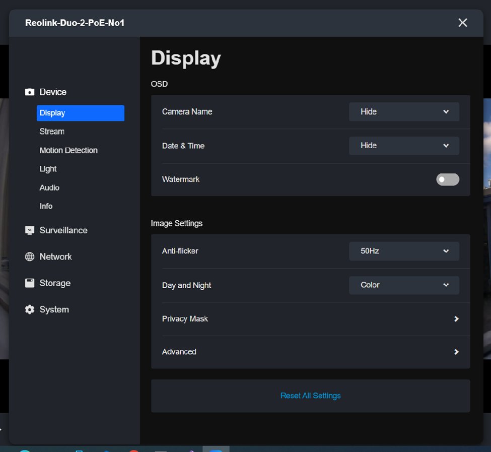 Reolink Client: Settings → Device → Display