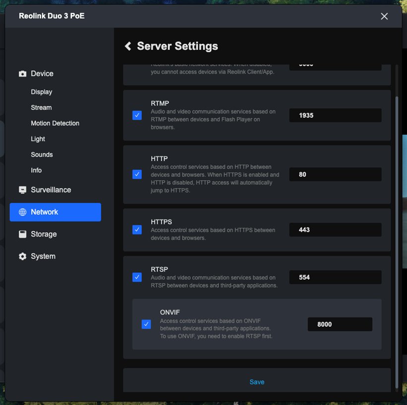Reolink Client: Network → Advanced → Server Settings