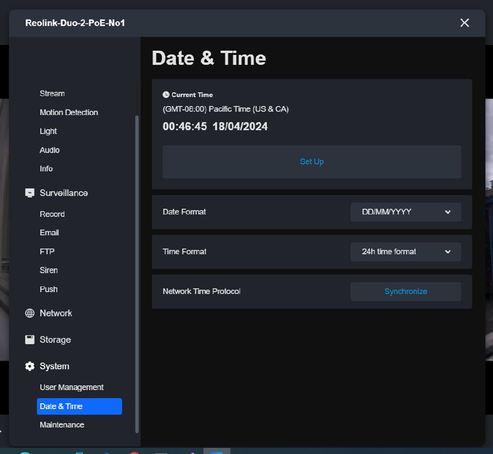 Reolink Client: System → Date & Time